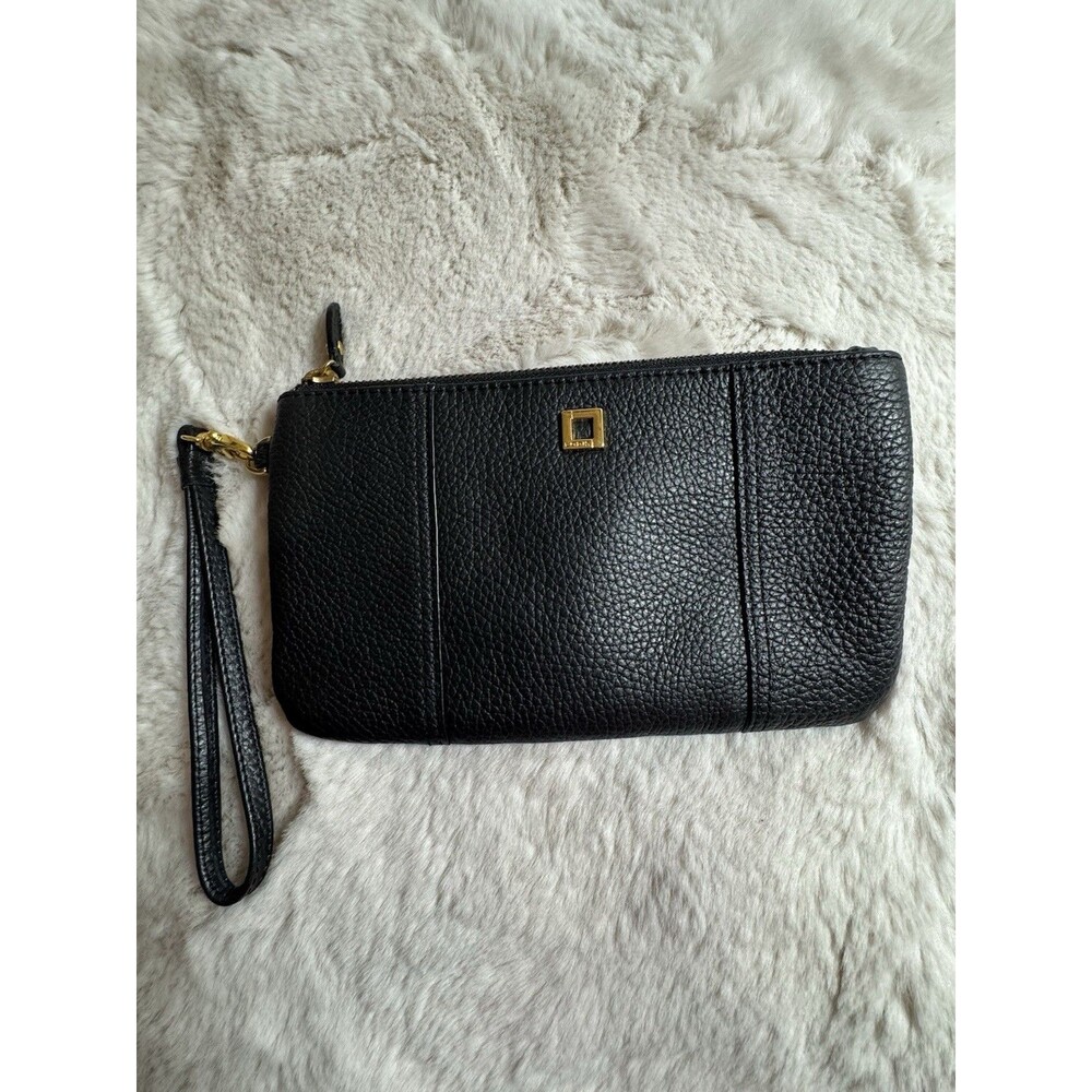 LODIS Pebbled Leather Zip Wristlet Pouch Card Slots Gold Hardware Mini Black